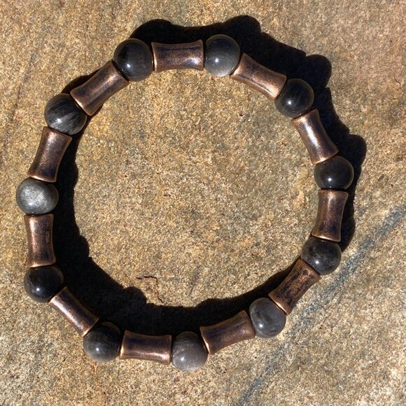 Wanderer and Gatherer Bracelet - Silver Obsidian and Bamboo brass bead SM-MED - Picture 3 of 5